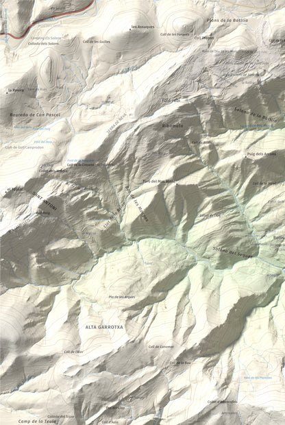 Mapa de relieve de Puig Ou, 1300 m, Garrotxa · Ripollès, lámina 100 Cims de Trobart. Detalle de la zona superior izquierda. 61 × 91 cm.