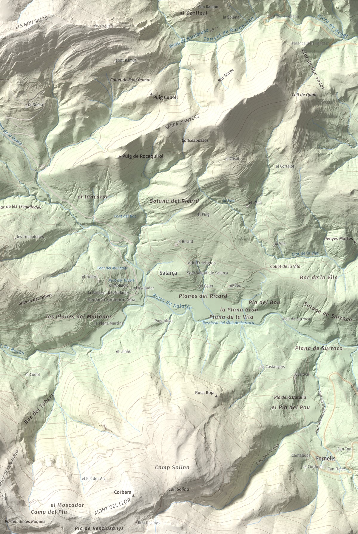 Mapa de relieve de Puig Ou, 1300 m, Garrotxa · Ripollès, lámina 100 Cims de Trobart. Detalle de la zona superior derecha. 61 × 91 cm.