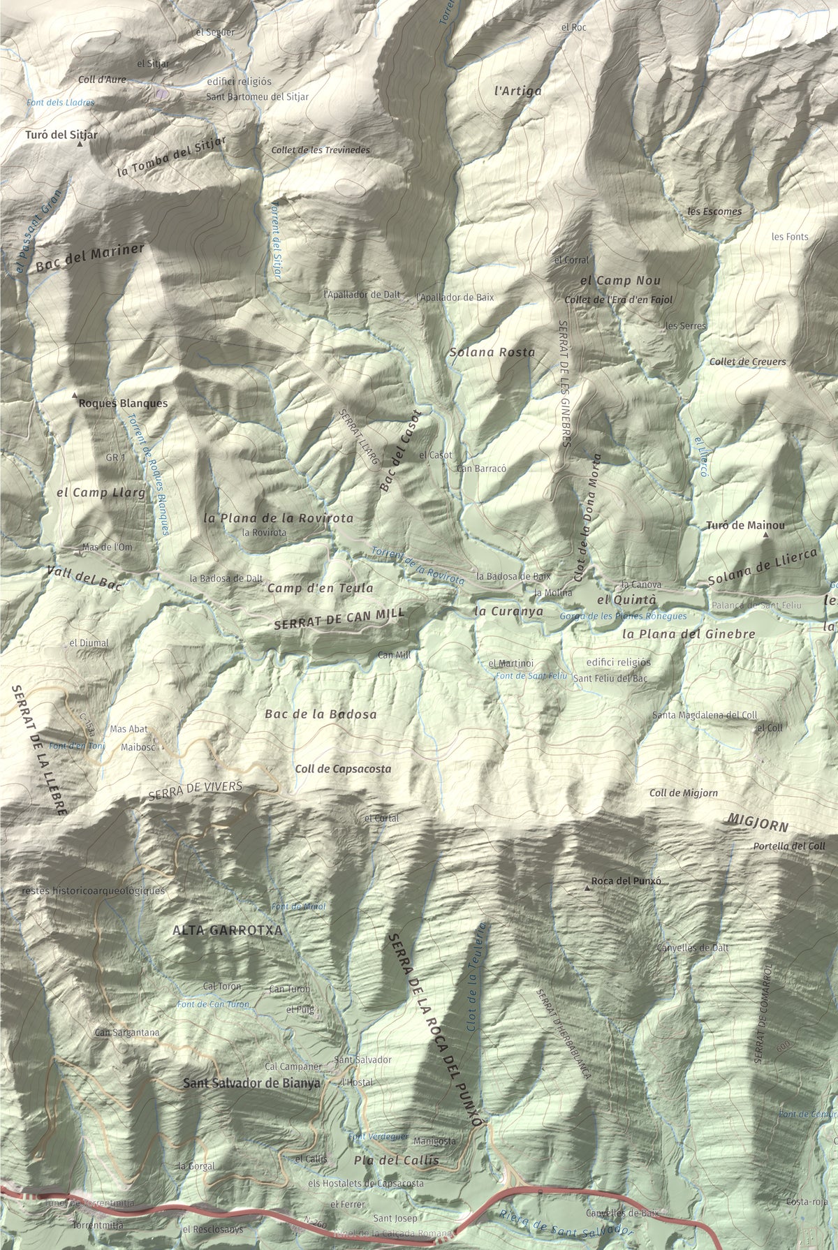 Mapa de relieve de Puig Ou, 1300 m, Garrotxa · Ripollès, lámina 100 Cims de Trobart. Detalle de la zona inferior izquierda. 61 × 91 cm.