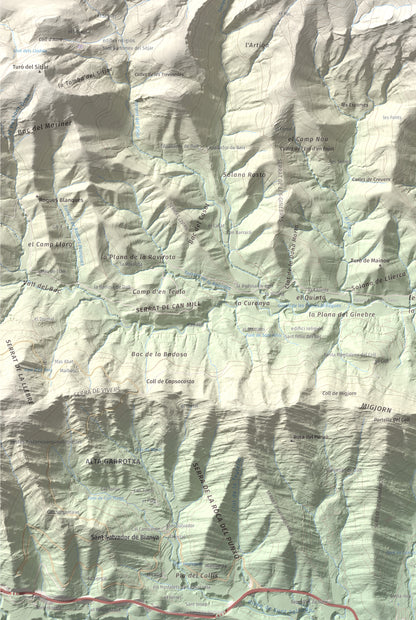 Mapa de relieve de Puig Ou, 1300 m, Garrotxa · Ripollès, lámina 100 Cims de Trobart. Detalle de la zona inferior izquierda. 61 × 91 cm.