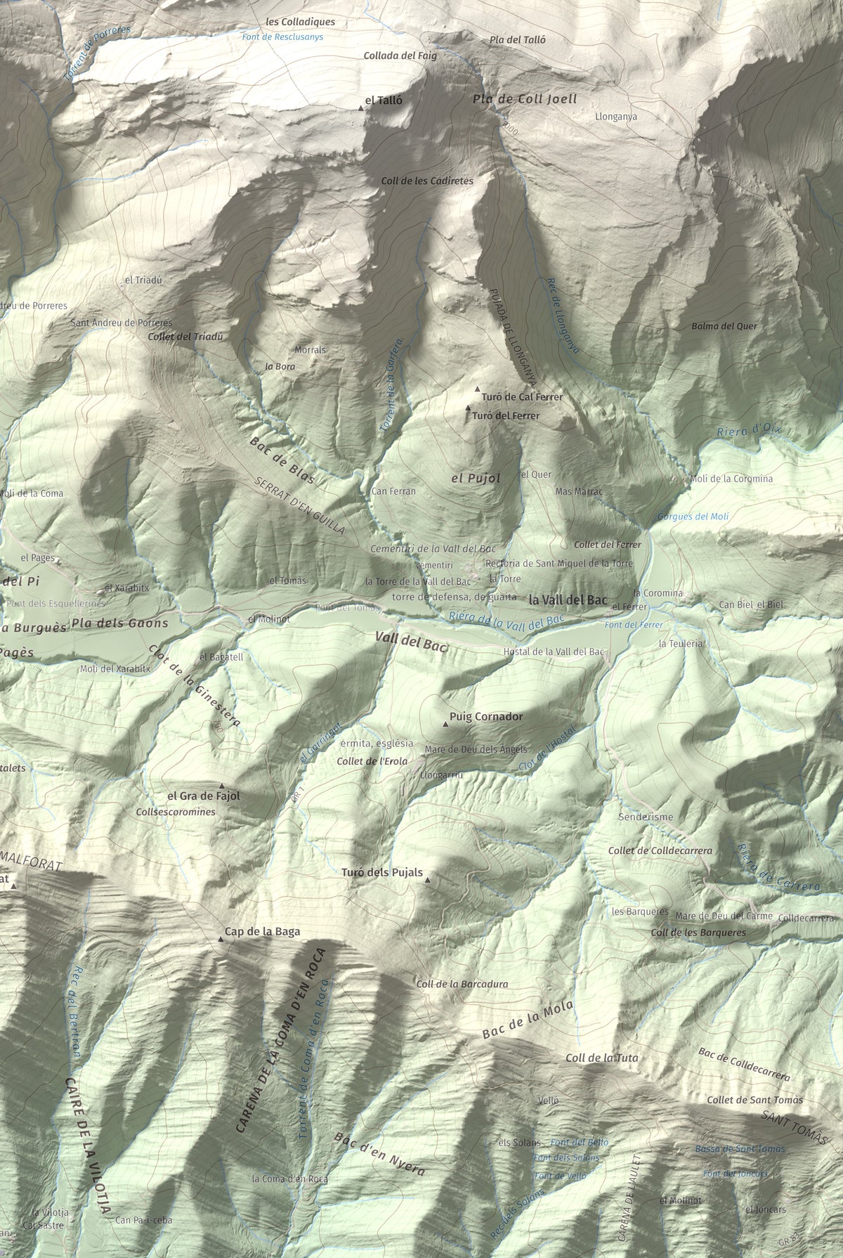 Mapa de relieve de Puig Ou, 1300 m, Garrotxa · Ripollès, lámina 100 Cims de Trobart. Detalle de la zona inferior derecha. 61 × 91 cm.
