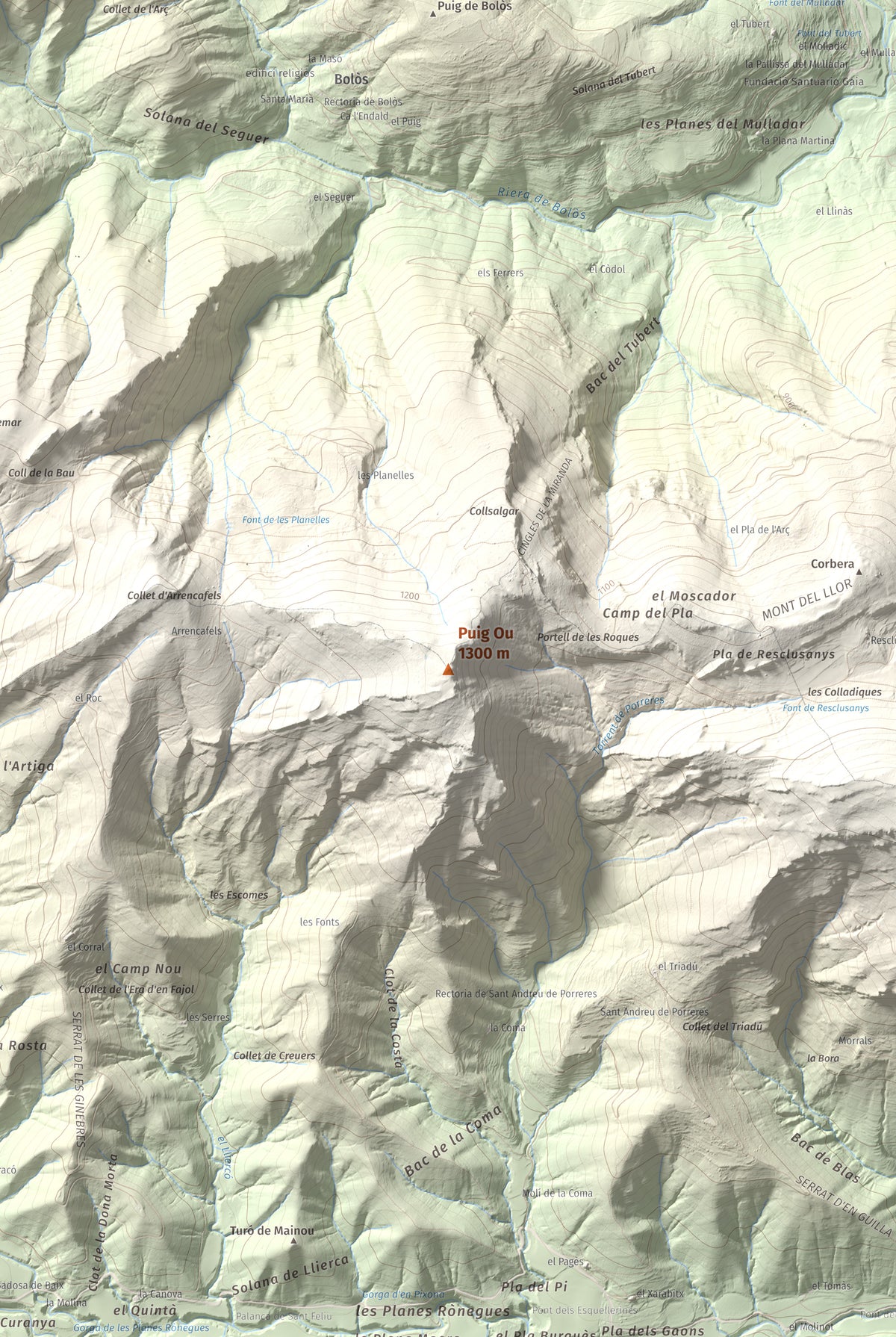 Mapa de relieve de Puig Ou, 1300 m, Garrotxa · Ripollès, lámina 100 Cims de Trobart. Detalle de la zona central. 61 × 91 cm.