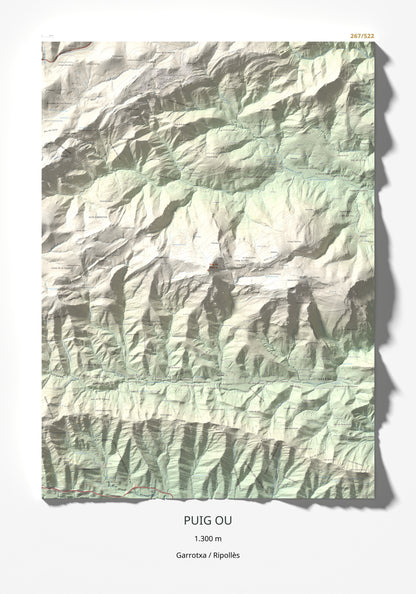 Mapa de relieve de Puig Ou, 1300 m, Garrotxa · Ripollès, lámina 100 Cims de Trobart 70 × 100 cm.
