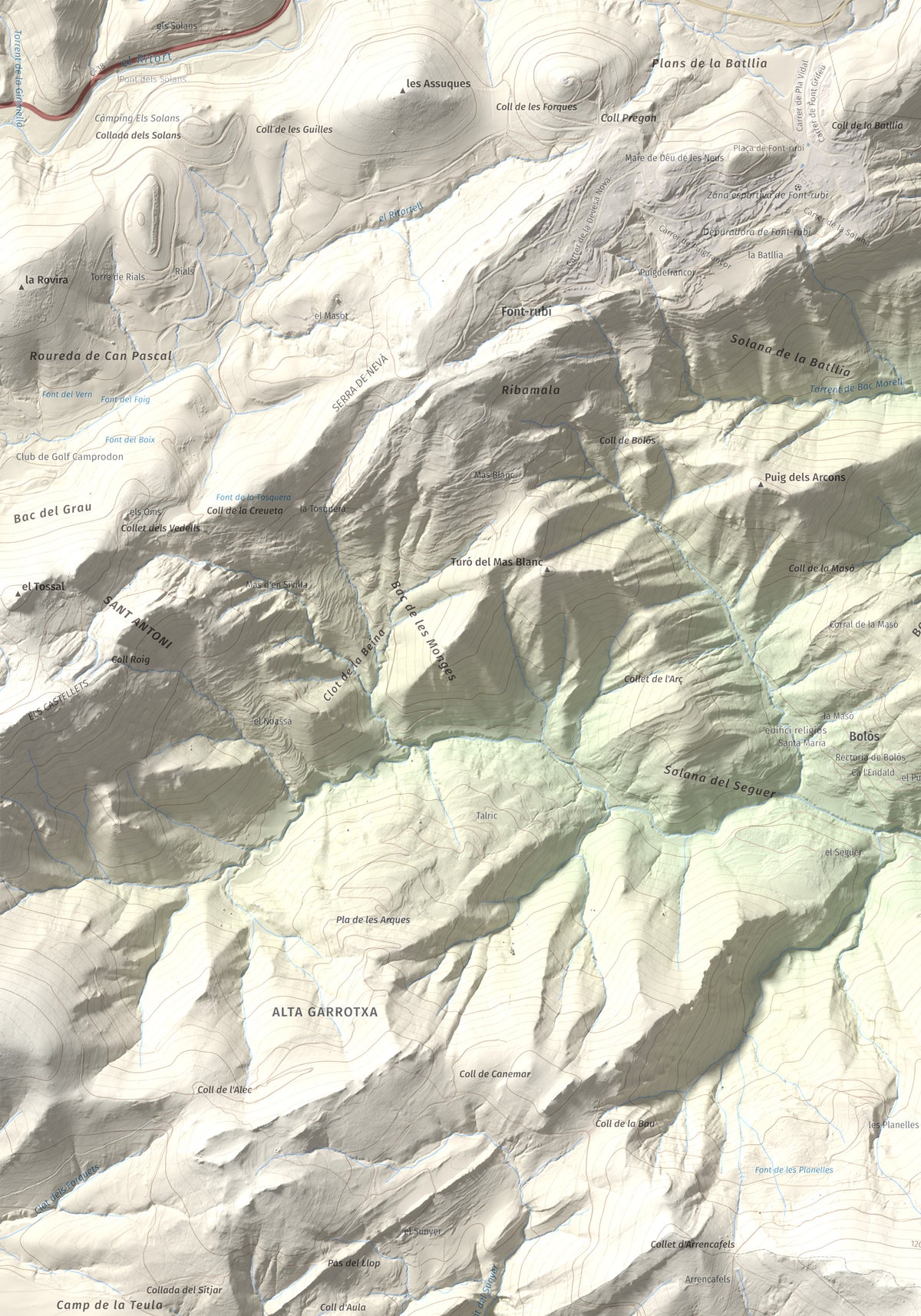 Mapa de relieve de Puig Ou, 1300 m, Garrotxa · Ripollès, lámina 100 Cims de Trobart. Detalle de la zona superior izquierda. 70 × 100 cm.