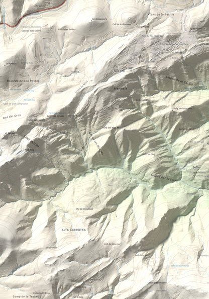 Mapa de relieve de Puig Ou, 1300 m, Garrotxa · Ripollès, lámina 100 Cims de Trobart. Detalle de la zona superior izquierda. 70 × 100 cm.