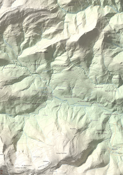 Mapa de relieve de Puig Ou, 1300 m, Garrotxa · Ripollès, lámina 100 Cims de Trobart. Detalle de la zona superior derecha. 70 × 100 cm.