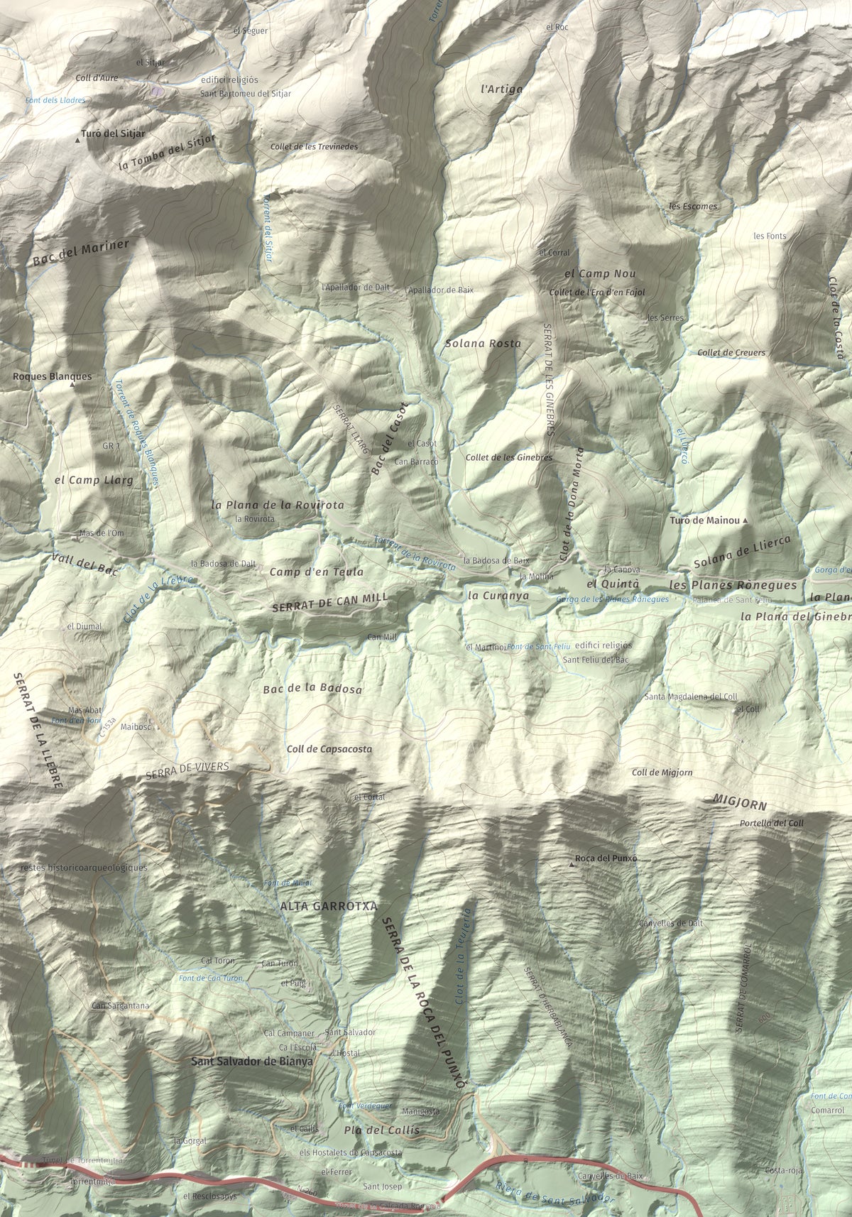 Mapa de relieve de Puig Ou, 1300 m, Garrotxa · Ripollès, lámina 100 Cims de Trobart. Detalle de la zona inferior izquierda. 70 × 100 cm.