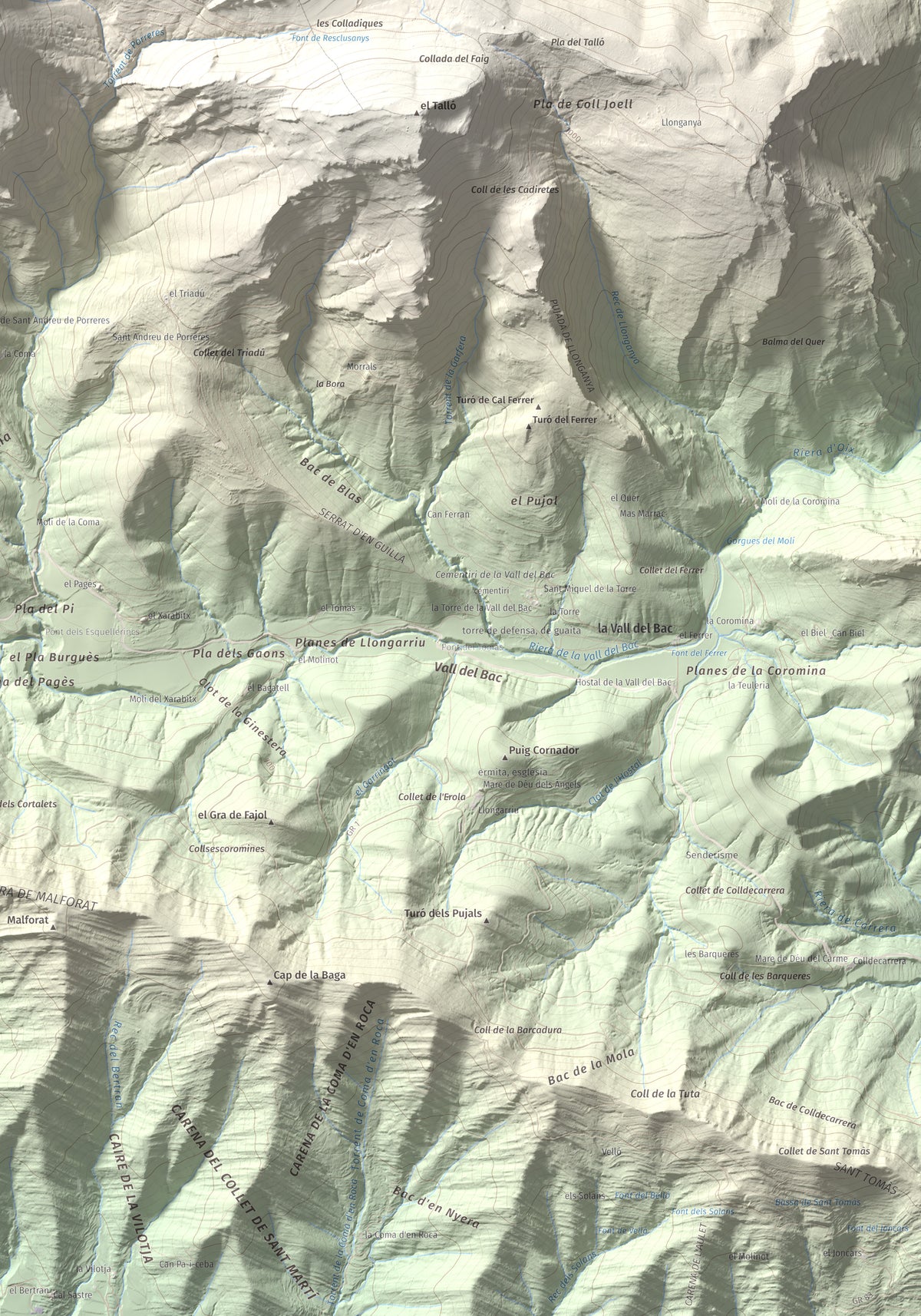 Mapa de relieve de Puig Ou, 1300 m, Garrotxa · Ripollès, lámina 100 Cims de Trobart. Detalle de la zona inferior derecha. 70 × 100 cm.