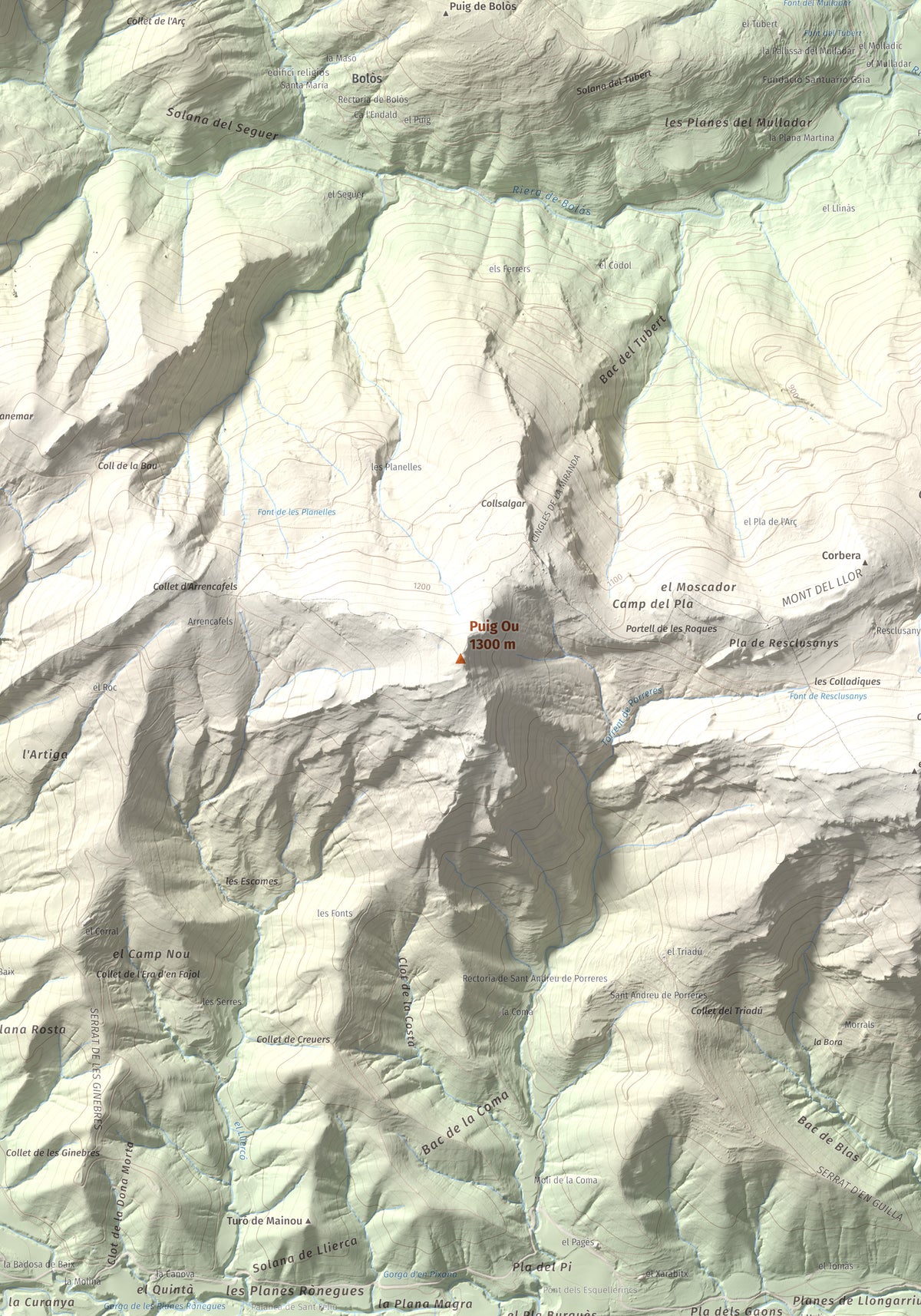Mapa de relieve de Puig Ou, 1300 m, Garrotxa · Ripollès, lámina 100 Cims de Trobart. Detalle de la zona central. 70 × 100 cm.