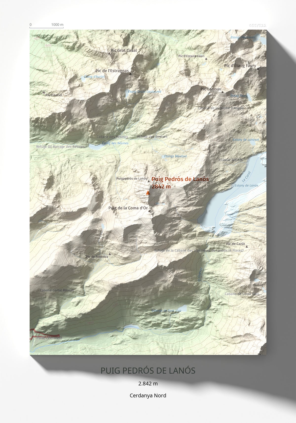 Mapa de relieve de Puig Pedrós de Lanós, 2842 m, Cerdanya Nord, lámina 100 Cims de Trobart 21 × 30 cm.
