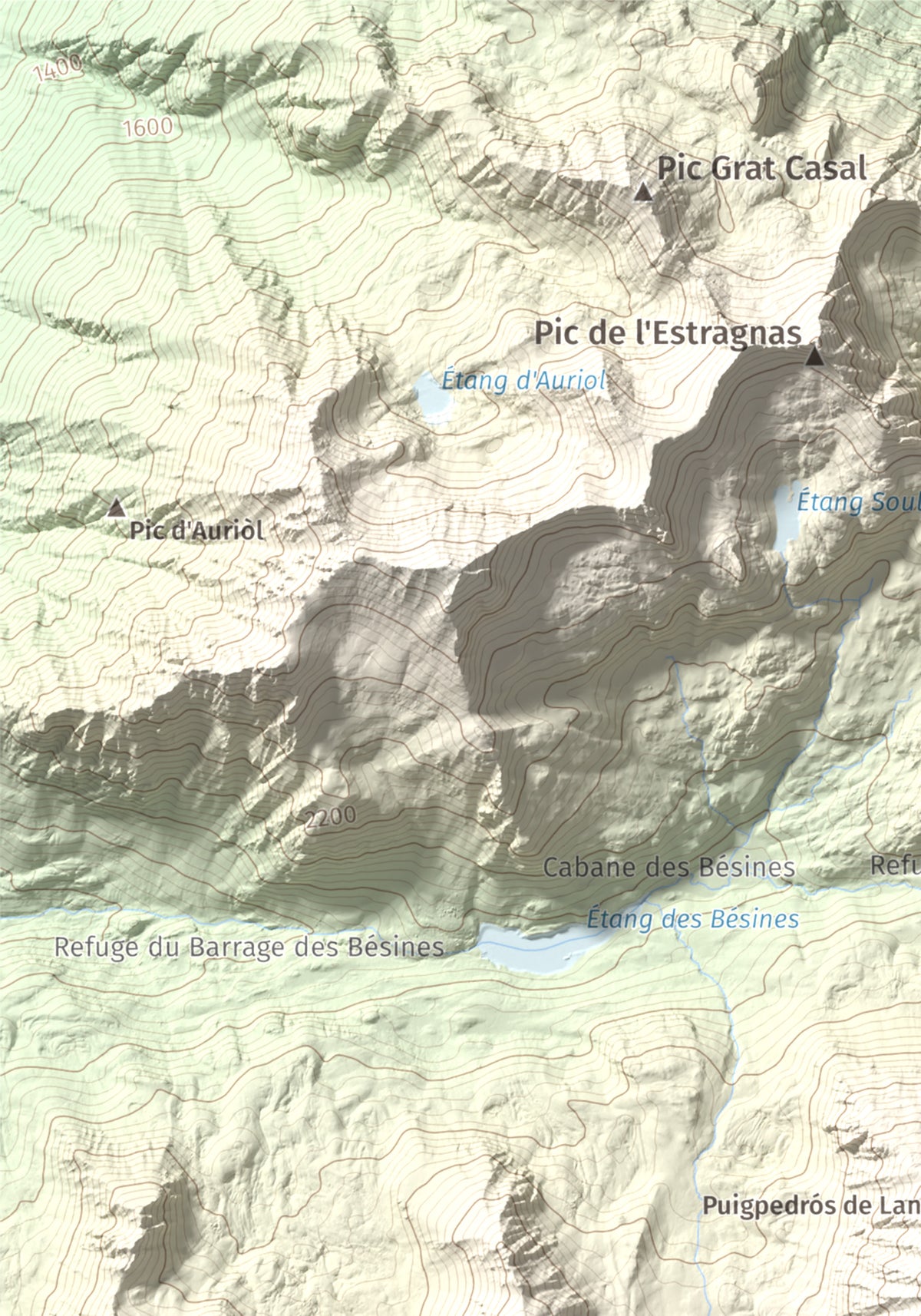 Mapa de relieve de Puig Pedrós de Lanós, 2842 m, Cerdanya Nord, lámina 100 Cims de Trobart. Detalle de la zona superior izquierda. 21 × 30 cm.