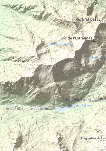 Mapa de relieve de Puig Pedrós de Lanós, 2842 m, Cerdanya Nord, lámina 100 Cims de Trobart. Detalle de la zona superior izquierda. 21 × 30 cm.