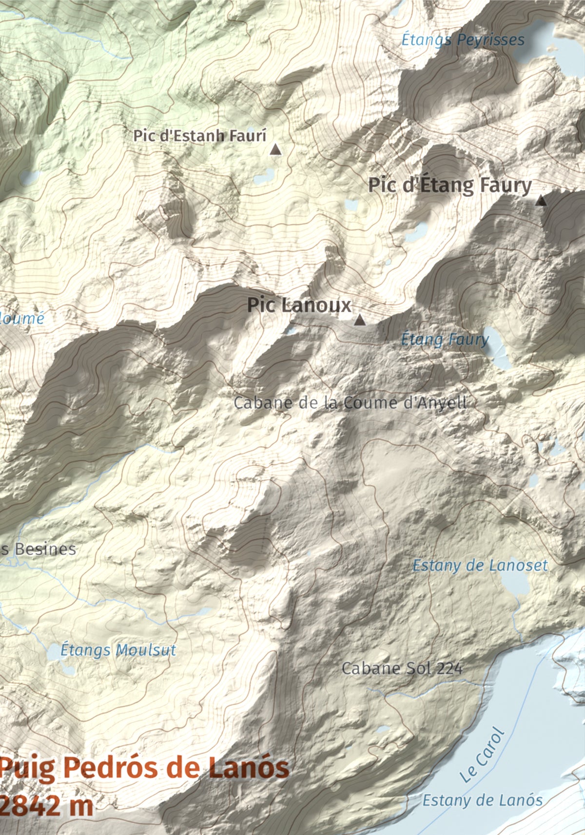 Mapa de relieve de Puig Pedrós de Lanós, 2842 m, Cerdanya Nord, lámina 100 Cims de Trobart. Detalle de la zona superior derecha. 21 × 30 cm.