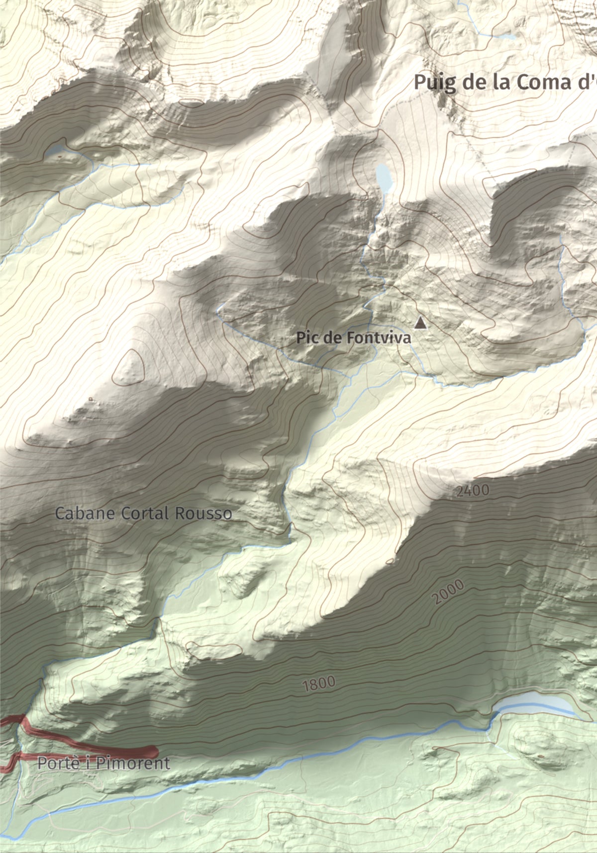 Mapa de relieve de Puig Pedrós de Lanós, 2842 m, Cerdanya Nord, lámina 100 Cims de Trobart. Detalle de la zona inferior izquierda. 21 × 30 cm.