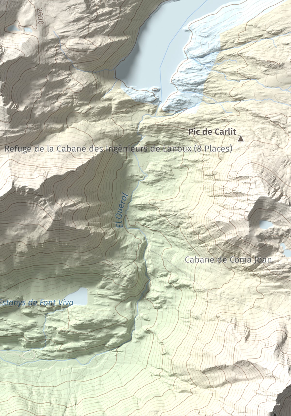 Mapa de relieve de Puig Pedrós de Lanós, 2842 m, Cerdanya Nord, lámina 100 Cims de Trobart. Detalle de la zona inferior derecha. 21 × 30 cm.