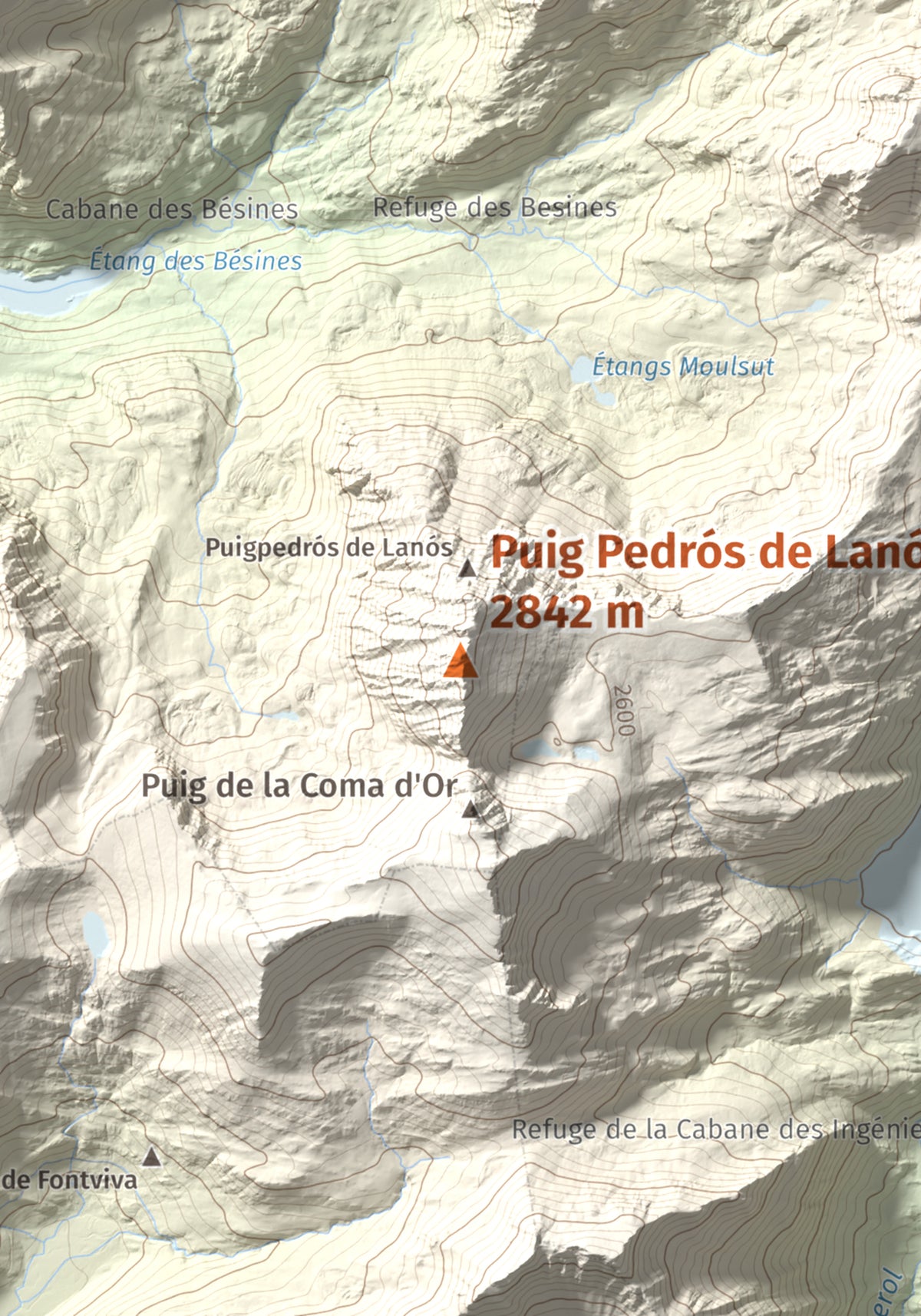 Mapa de relieve de Puig Pedrós de Lanós, 2842 m, Cerdanya Nord, lámina 100 Cims de Trobart. Detalle de la zona central. 21 × 30 cm.