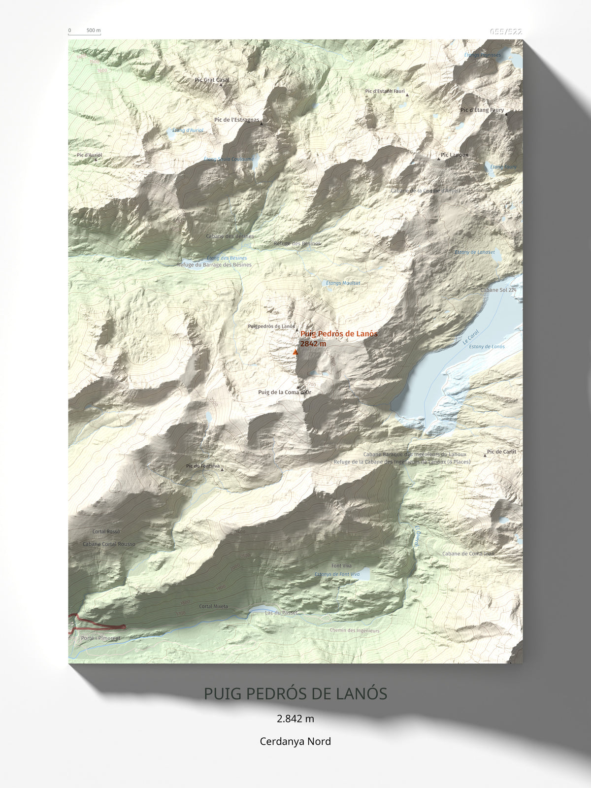 Mapa de relieve de Puig Pedrós de Lanós, 2842 m, Cerdanya Nord, lámina 100 Cims de Trobart 30 × 40 cm.