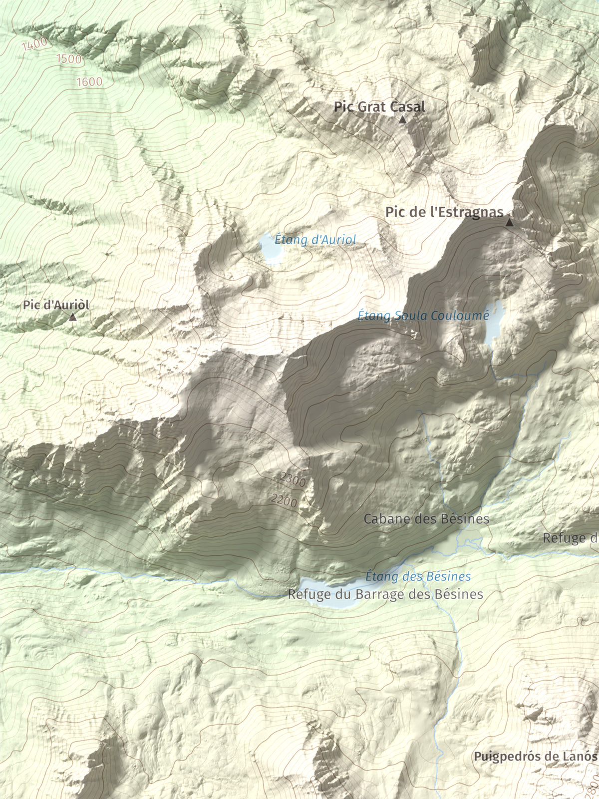 Mapa de relieve de Puig Pedrós de Lanós, 2842 m, Cerdanya Nord, lámina 100 Cims de Trobart. Detalle de la zona superior izquierda. 30 × 40 cm.