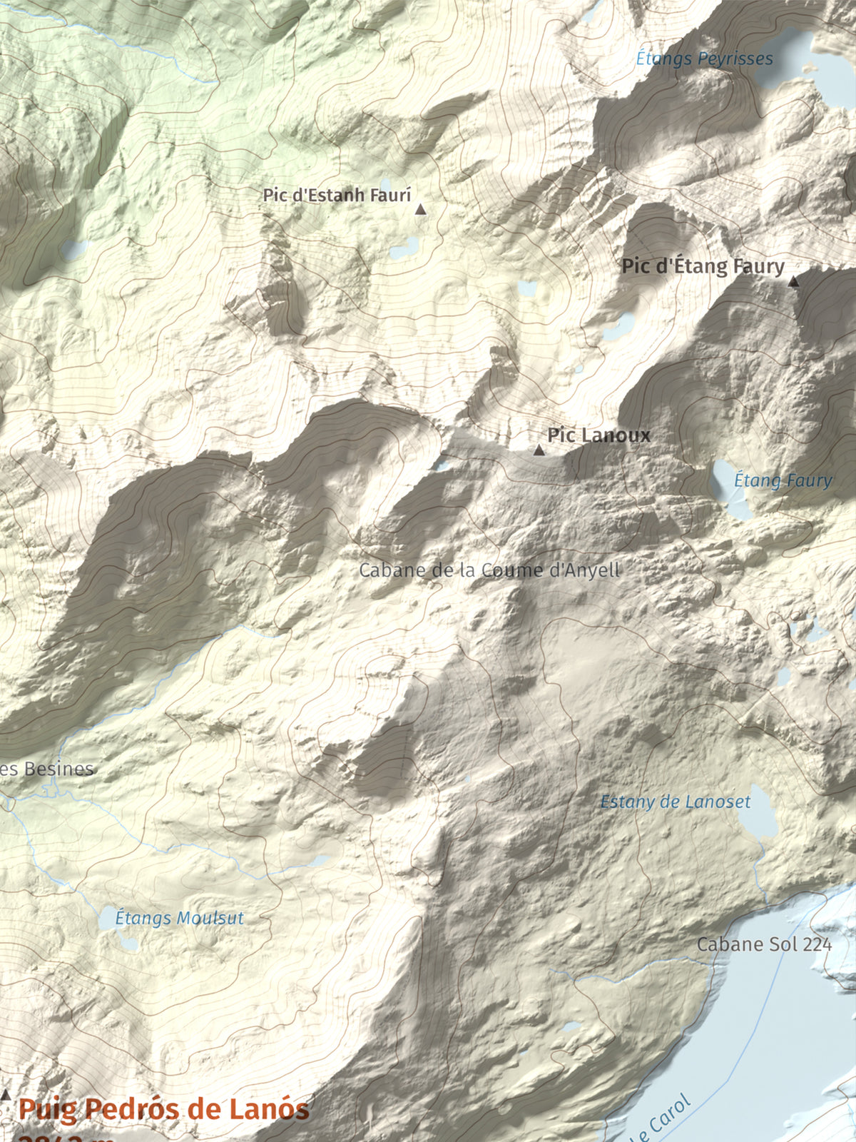 Mapa de relieve de Puig Pedrós de Lanós, 2842 m, Cerdanya Nord, lámina 100 Cims de Trobart. Detalle de la zona superior derecha. 30 × 40 cm.