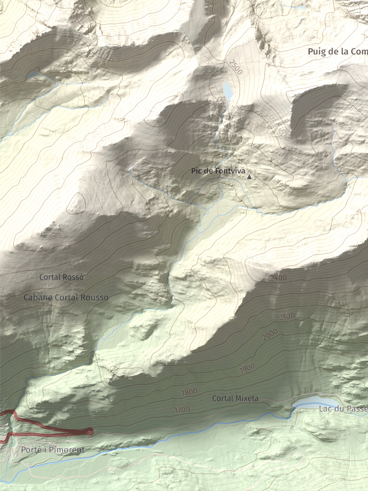 Mapa de relieve de Puig Pedrós de Lanós, 2842 m, Cerdanya Nord, lámina 100 Cims de Trobart. Detalle de la zona inferior izquierda. 30 × 40 cm.