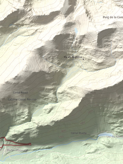 Mapa de relieve de Puig Pedrós de Lanós, 2842 m, Cerdanya Nord, lámina 100 Cims de Trobart. Detalle de la zona inferior izquierda. 30 × 40 cm.