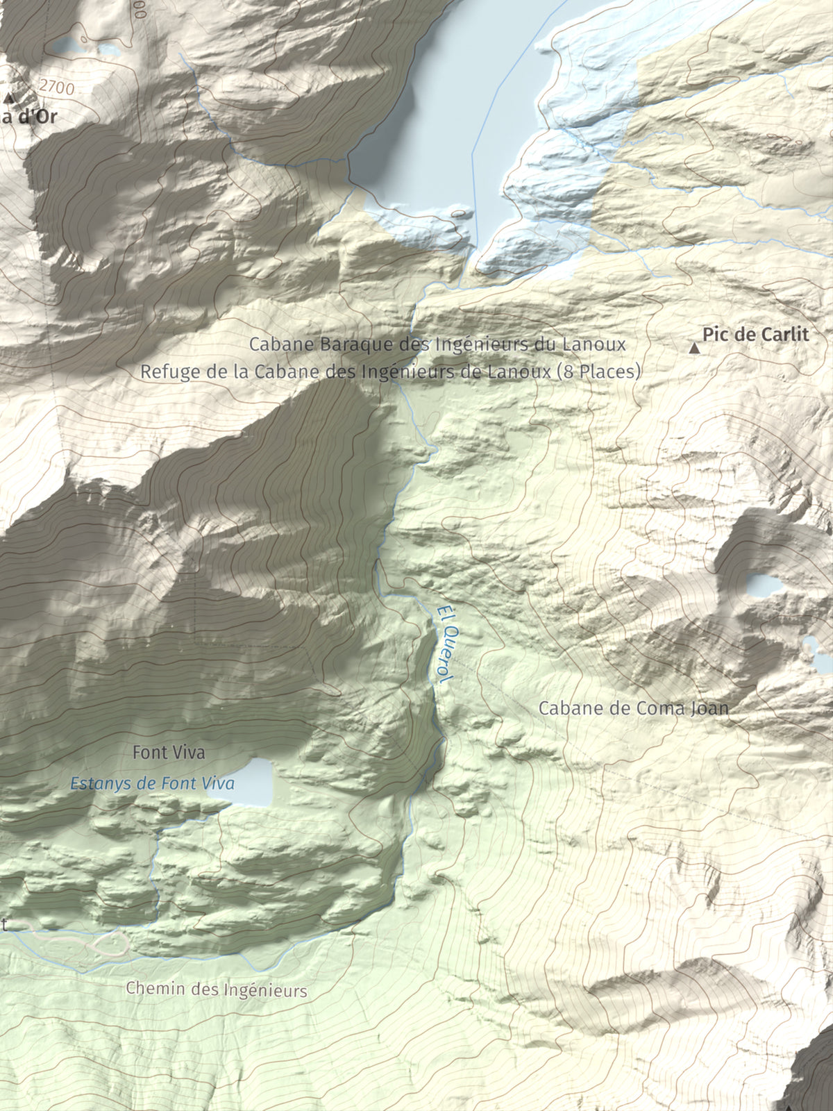 Mapa de relieve de Puig Pedrós de Lanós, 2842 m, Cerdanya Nord, lámina 100 Cims de Trobart. Detalle de la zona inferior derecha. 30 × 40 cm.
