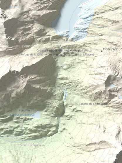 Mapa de relieve de Puig Pedrós de Lanós, 2842 m, Cerdanya Nord, lámina 100 Cims de Trobart. Detalle de la zona inferior derecha. 30 × 40 cm.