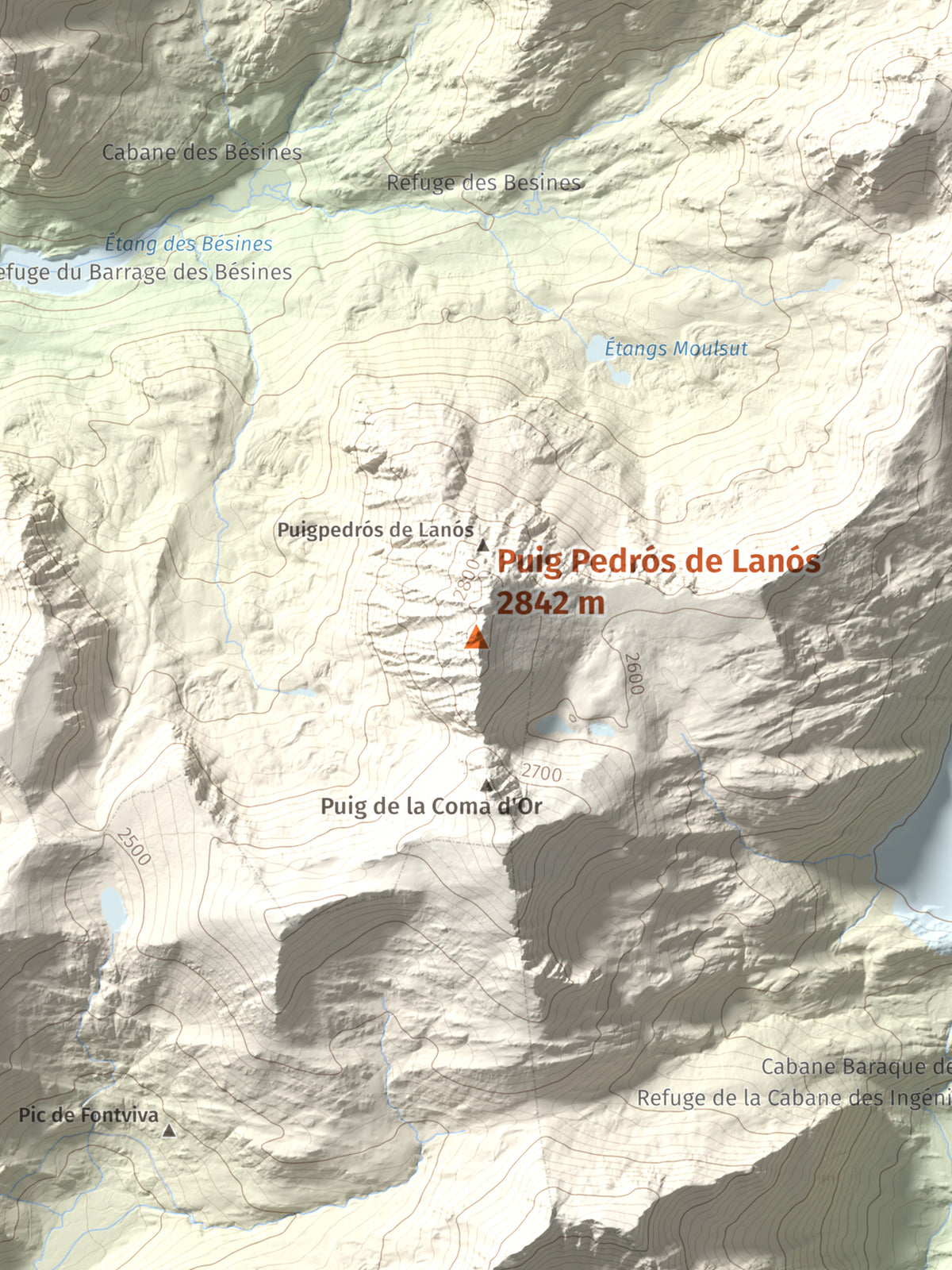Mapa de relieve de Puig Pedrós de Lanós, 2842 m, Cerdanya Nord, lámina 100 Cims de Trobart. Detalle de la zona central. 30 × 40 cm.