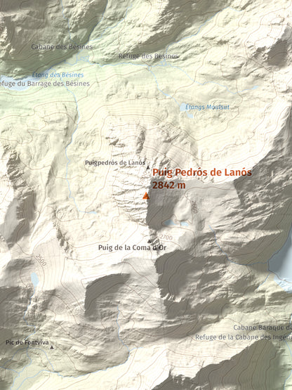 Mapa de relieve de Puig Pedrós de Lanós, 2842 m, Cerdanya Nord, lámina 100 Cims de Trobart. Detalle de la zona central. 30 × 40 cm.