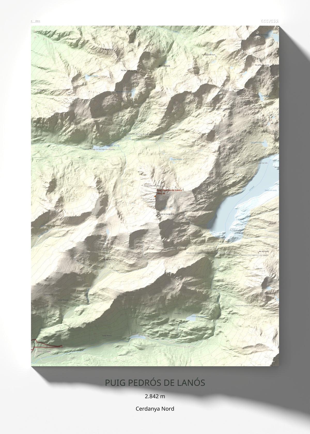 Mapa de relieve de Puig Pedrós de Lanós, 2842 m, Cerdanya Nord, lámina 100 Cims de Trobart 50 × 70 cm.