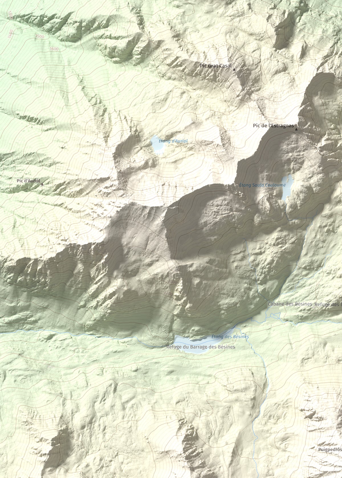 Mapa de relieve de Puig Pedrós de Lanós, 2842 m, Cerdanya Nord, lámina 100 Cims de Trobart. Detalle de la zona superior izquierda. 50 × 70 cm.