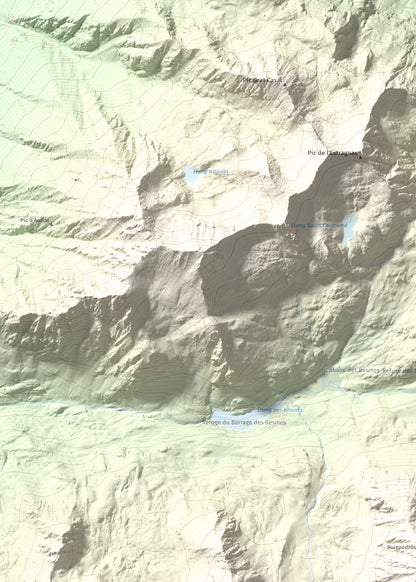 Mapa de relieve de Puig Pedrós de Lanós, 2842 m, Cerdanya Nord, lámina 100 Cims de Trobart. Detalle de la zona superior izquierda. 50 × 70 cm.