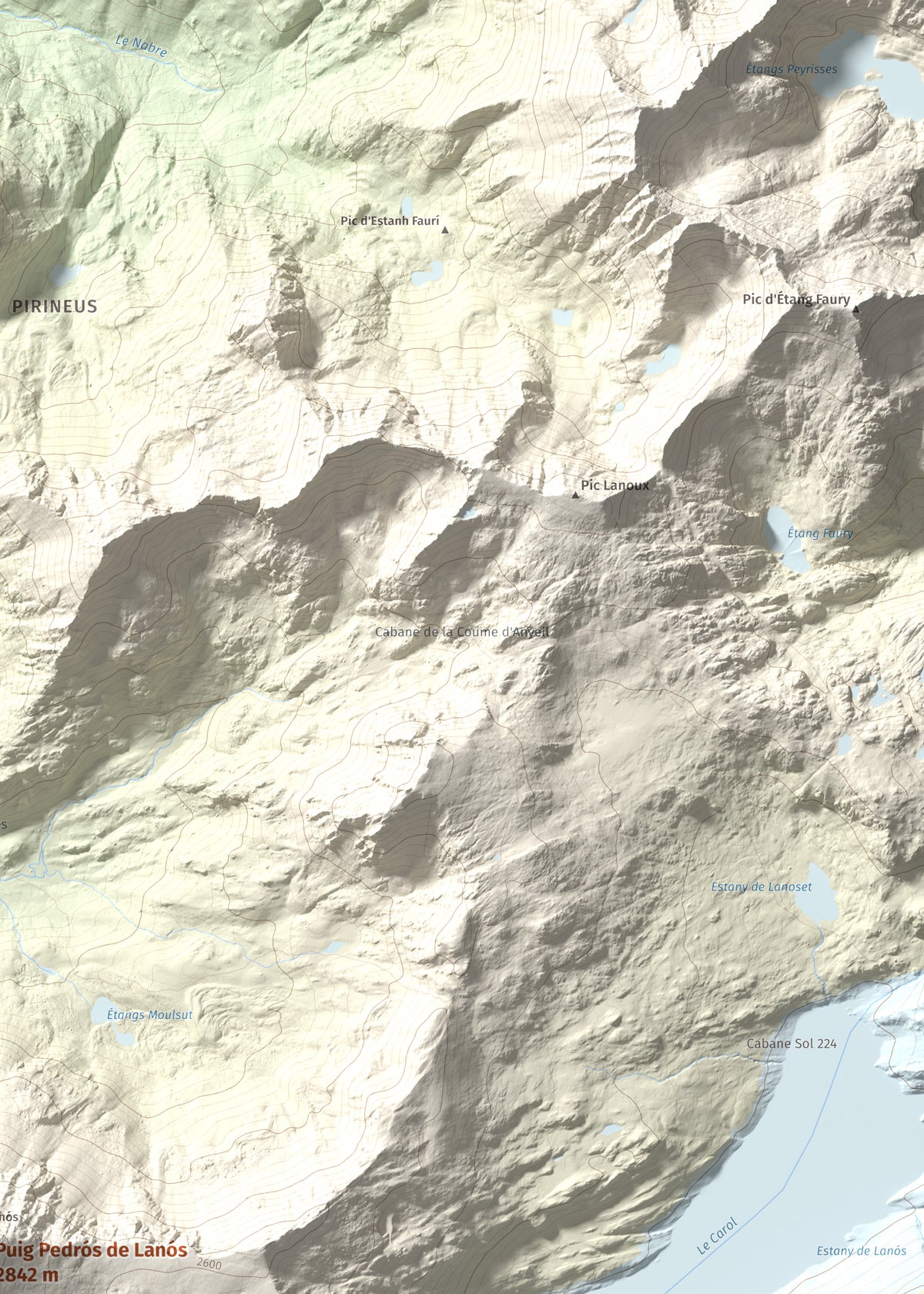 Mapa de relieve de Puig Pedrós de Lanós, 2842 m, Cerdanya Nord, lámina 100 Cims de Trobart. Detalle de la zona superior derecha. 50 × 70 cm.