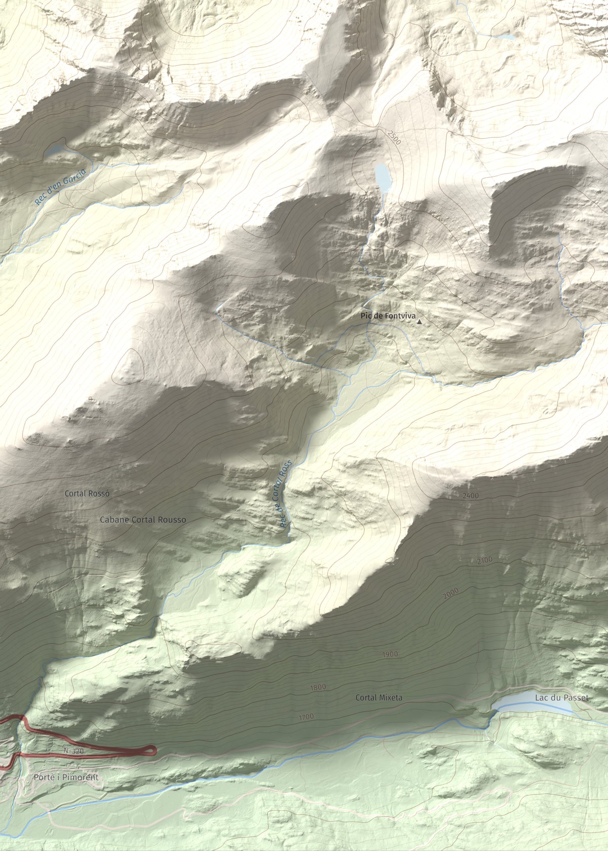 Mapa de relieve de Puig Pedrós de Lanós, 2842 m, Cerdanya Nord, lámina 100 Cims de Trobart. Detalle de la zona inferior izquierda. 50 × 70 cm.