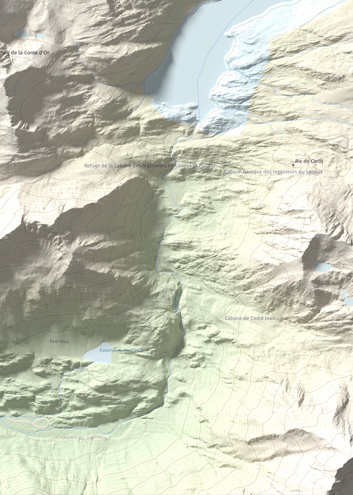 Mapa de relieve de Puig Pedrós de Lanós, 2842 m, Cerdanya Nord, lámina 100 Cims de Trobart. Detalle de la zona inferior derecha. 50 × 70 cm.
