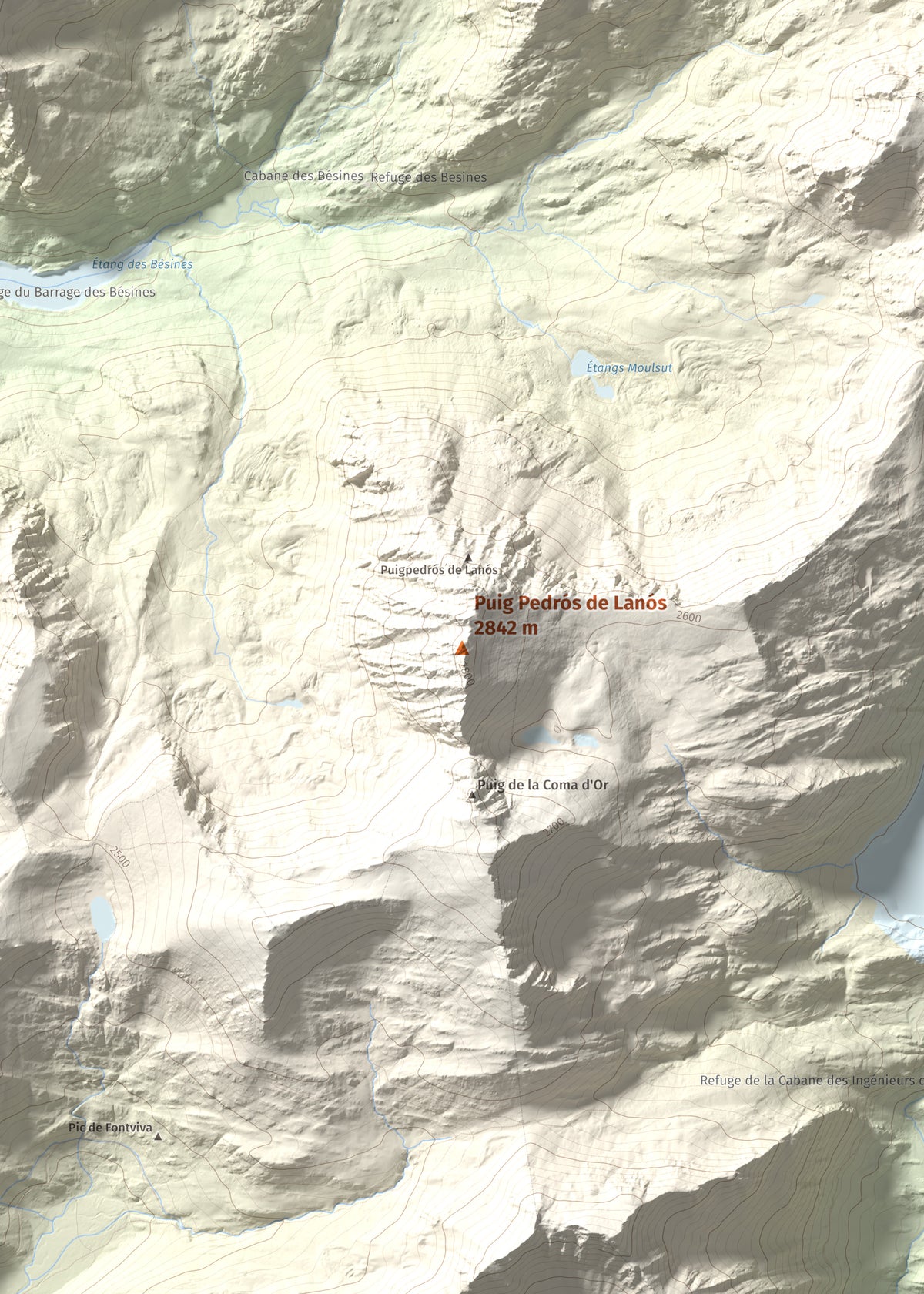Mapa de relieve de Puig Pedrós de Lanós, 2842 m, Cerdanya Nord, lámina 100 Cims de Trobart. Detalle de la zona central. 50 × 70 cm.