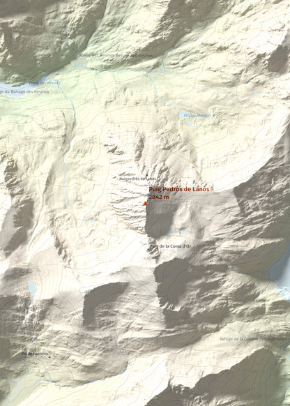 Mapa de relieve de Puig Pedrós de Lanós, 2842 m, Cerdanya Nord, lámina 100 Cims de Trobart. Detalle de la zona central. 50 × 70 cm.