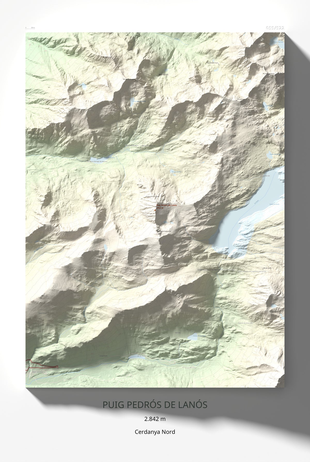 Mapa de relieve de Puig Pedrós de Lanós, 2842 m, Cerdanya Nord, lámina 100 Cims de Trobart 61 × 91 cm.