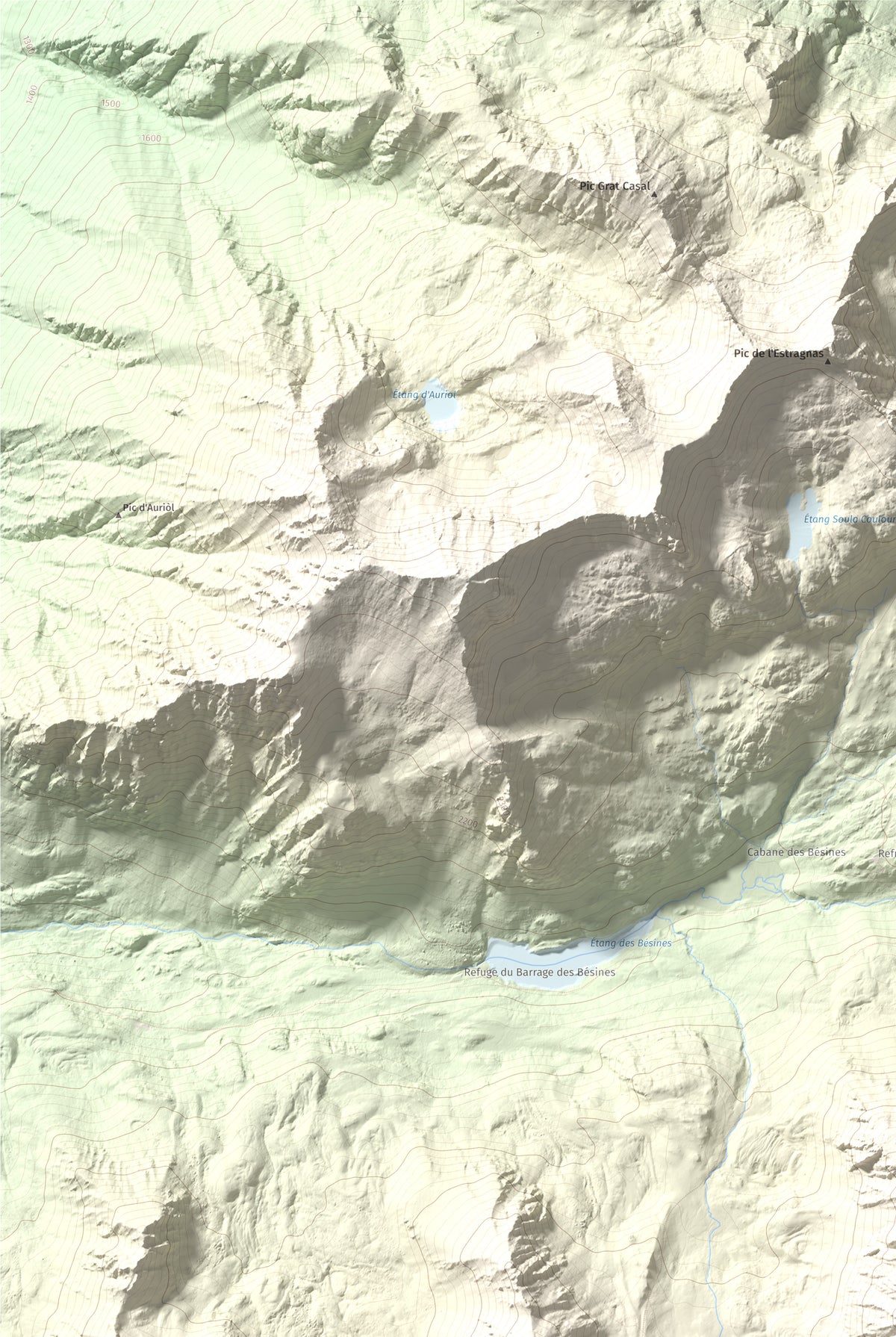 Mapa de relieve de Puig Pedrós de Lanós, 2842 m, Cerdanya Nord, lámina 100 Cims de Trobart. Detalle de la zona superior izquierda. 61 × 91 cm.