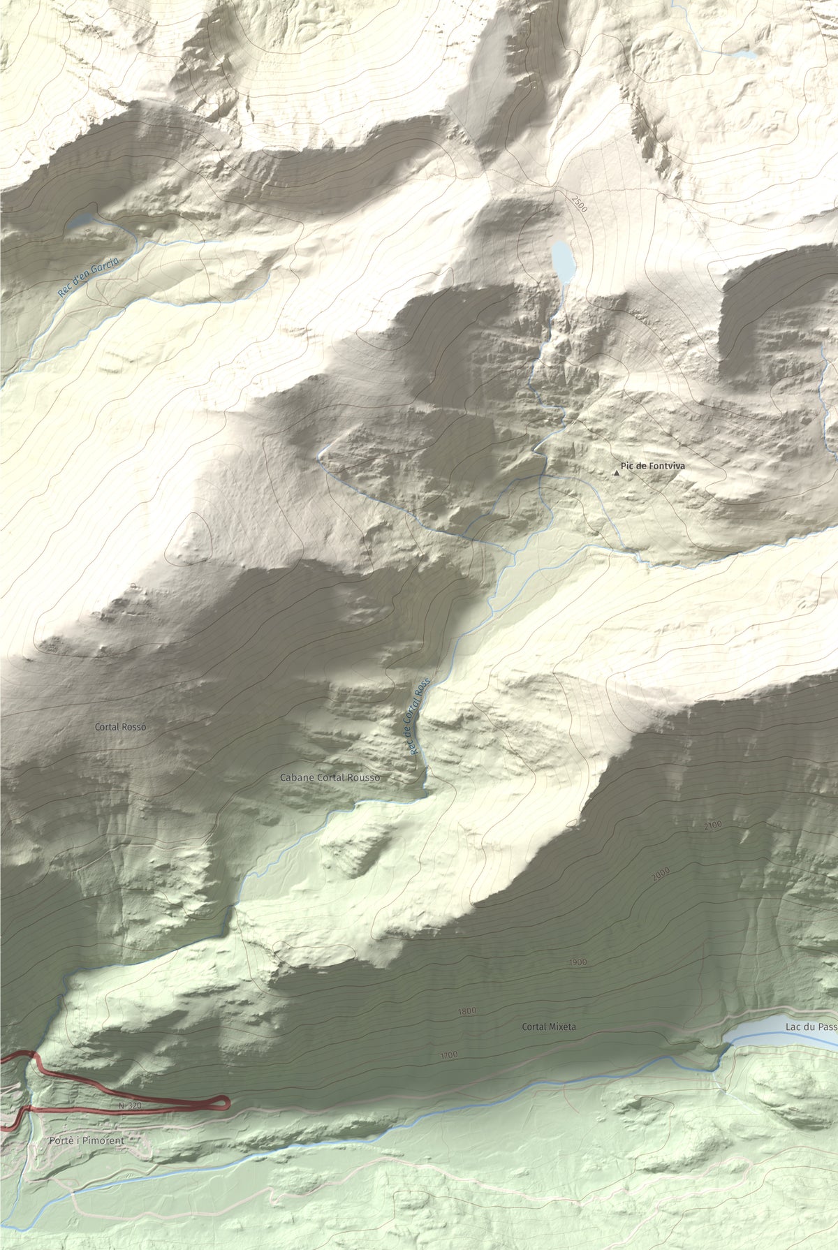 Mapa de relieve de Puig Pedrós de Lanós, 2842 m, Cerdanya Nord, lámina 100 Cims de Trobart. Detalle de la zona inferior izquierda. 61 × 91 cm.