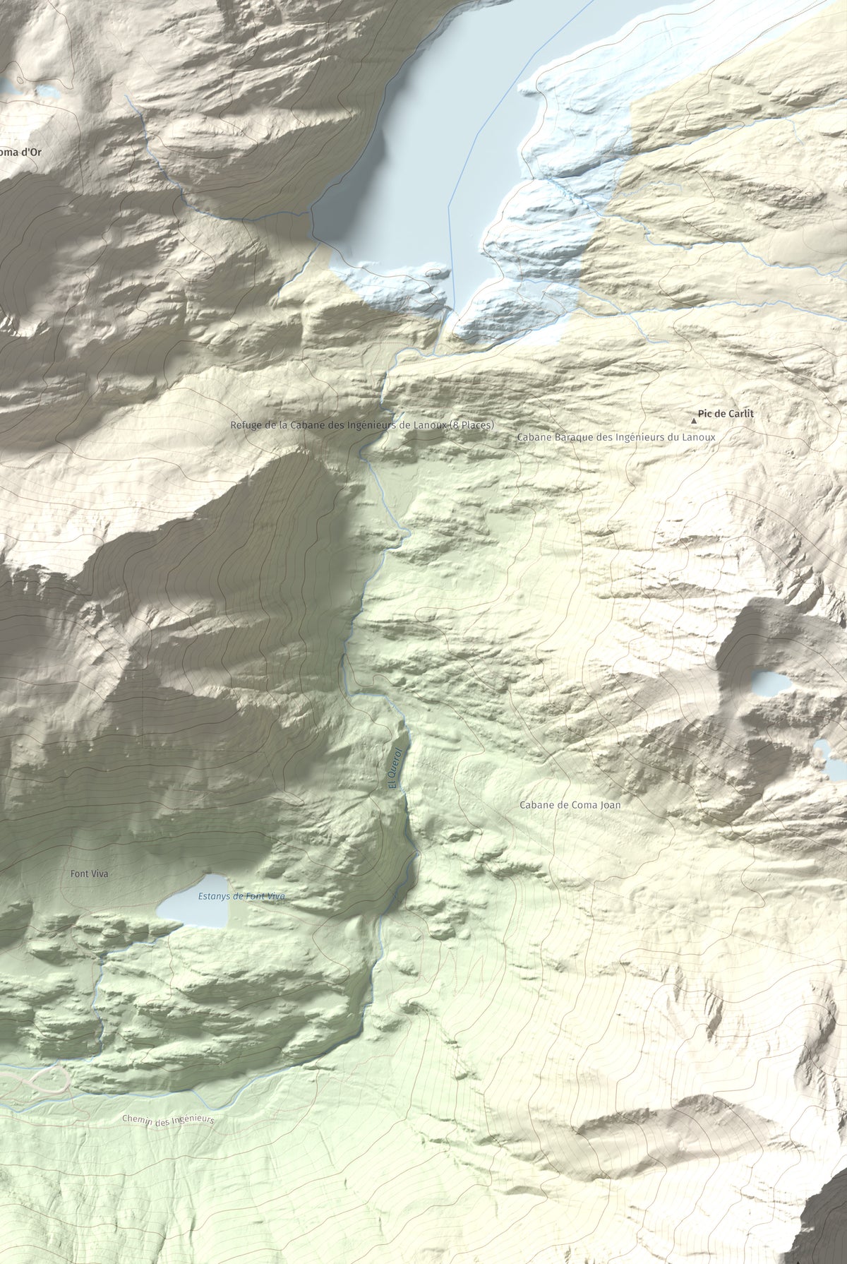 Mapa de relieve de Puig Pedrós de Lanós, 2842 m, Cerdanya Nord, lámina 100 Cims de Trobart. Detalle de la zona inferior derecha. 61 × 91 cm.