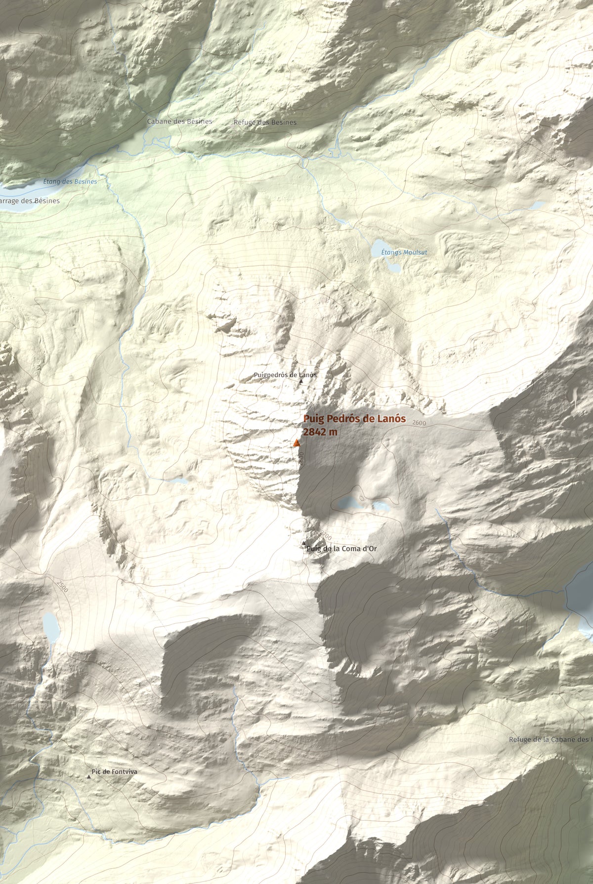Mapa de relieve de Puig Pedrós de Lanós, 2842 m, Cerdanya Nord, lámina 100 Cims de Trobart. Detalle de la zona central. 61 × 91 cm.