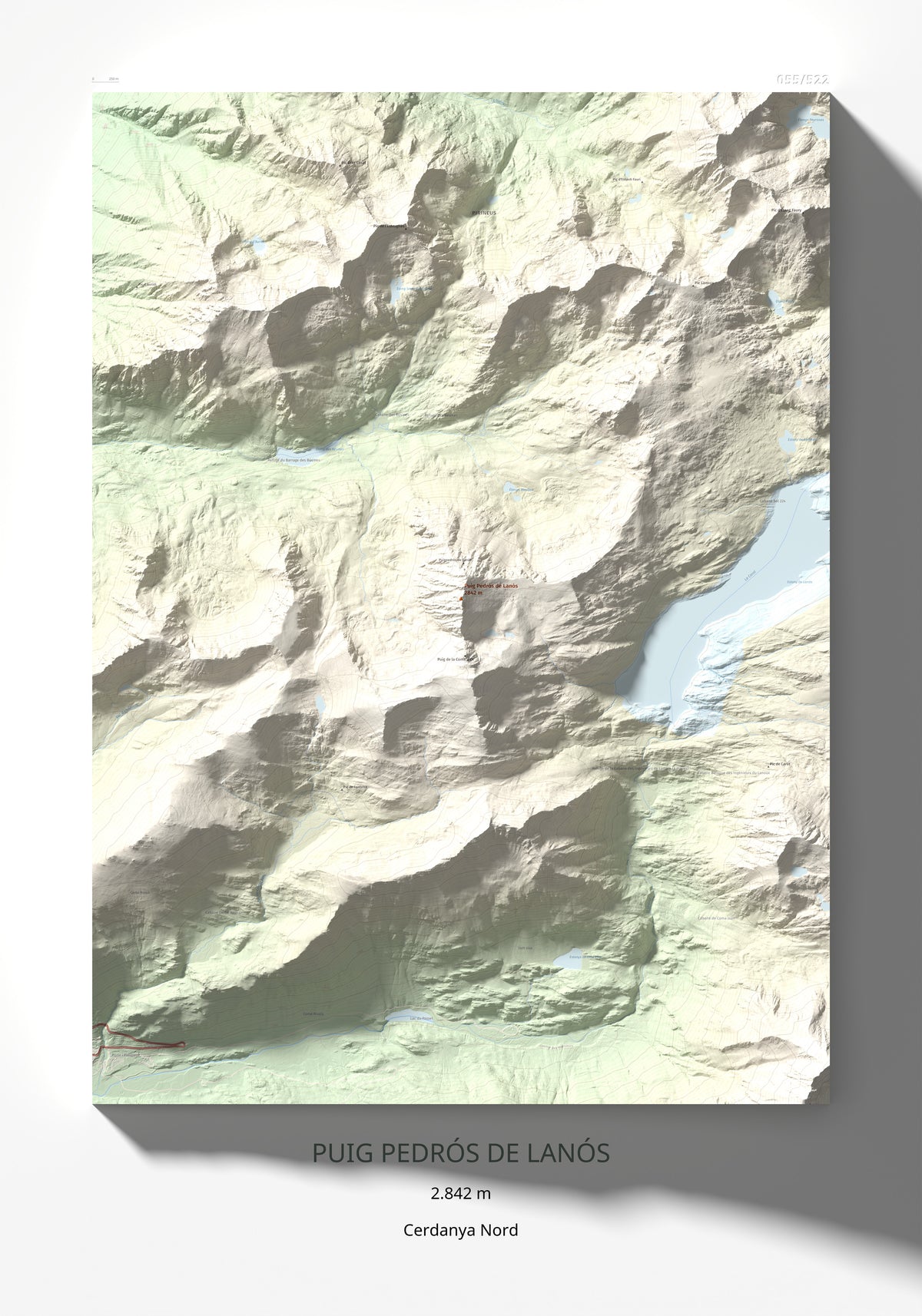 Mapa de relieve de Puig Pedrós de Lanós, 2842 m, Cerdanya Nord, lámina 100 Cims de Trobart 70 × 100 cm.