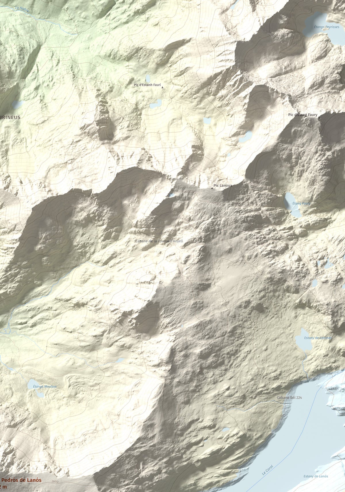 Mapa de relieve de Puig Pedrós de Lanós, 2842 m, Cerdanya Nord, lámina 100 Cims de Trobart. Detalle de la zona superior derecha. 70 × 100 cm.