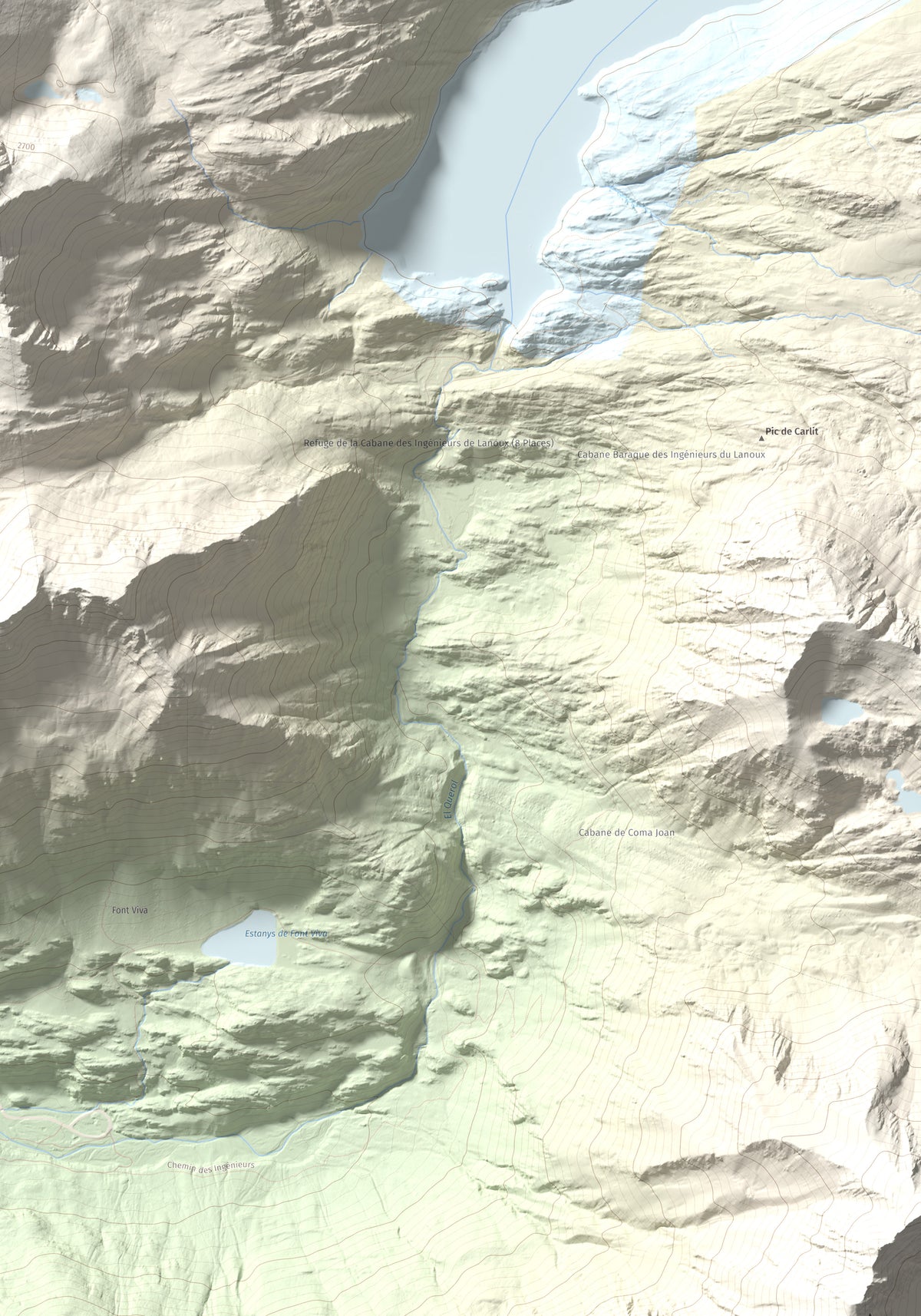 Mapa de relieve de Puig Pedrós de Lanós, 2842 m, Cerdanya Nord, lámina 100 Cims de Trobart. Detalle de la zona inferior derecha. 70 × 100 cm.