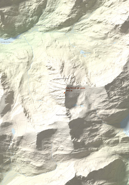 Mapa de relieve de Puig Pedrós de Lanós, 2842 m, Cerdanya Nord, lámina 100 Cims de Trobart. Detalle de la zona central. 70 × 100 cm.