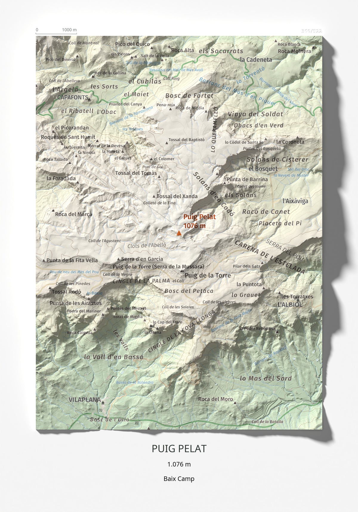 Mapa de relieve de Puig Pelat, 1076 m, Baix Camp, lámina 100 Cims de Trobart 21 × 30 cm.