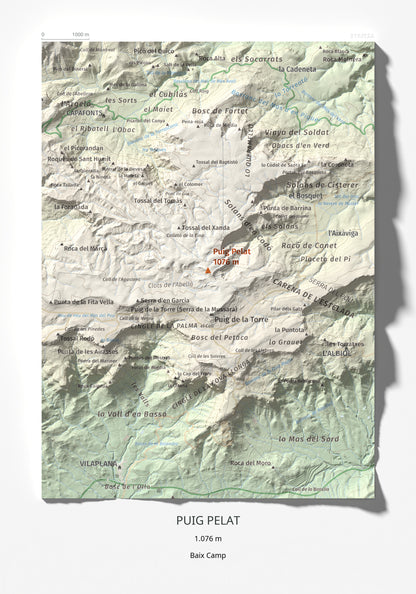 Mapa de relieve de Puig Pelat, 1076 m, Baix Camp, lámina 100 Cims de Trobart 21 × 30 cm.