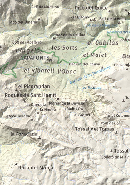 Mapa de relieve de Puig Pelat, 1076 m, Baix Camp, lámina 100 Cims de Trobart. Detalle de la zona superior izquierda. 21 × 30 cm.