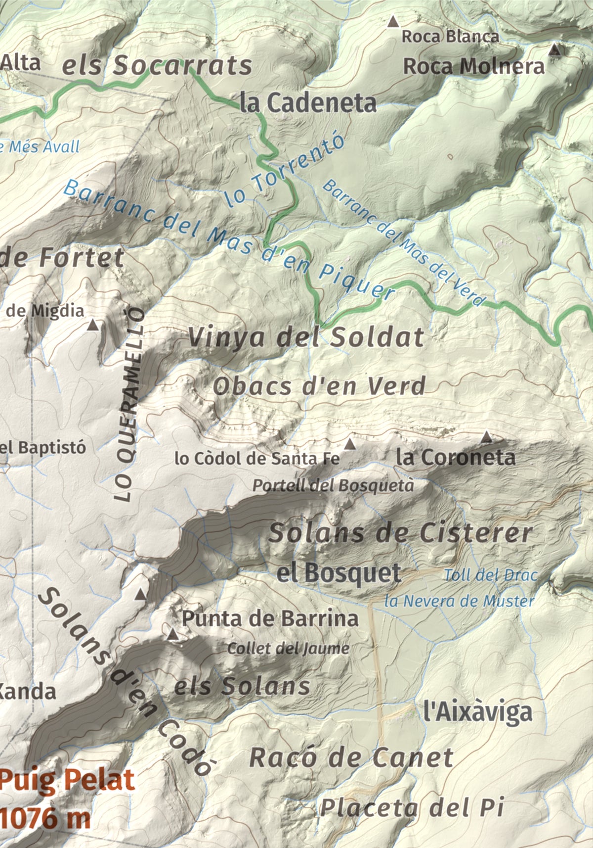 Mapa de relieve de Puig Pelat, 1076 m, Baix Camp, lámina 100 Cims de Trobart. Detalle de la zona superior derecha. 21 × 30 cm.